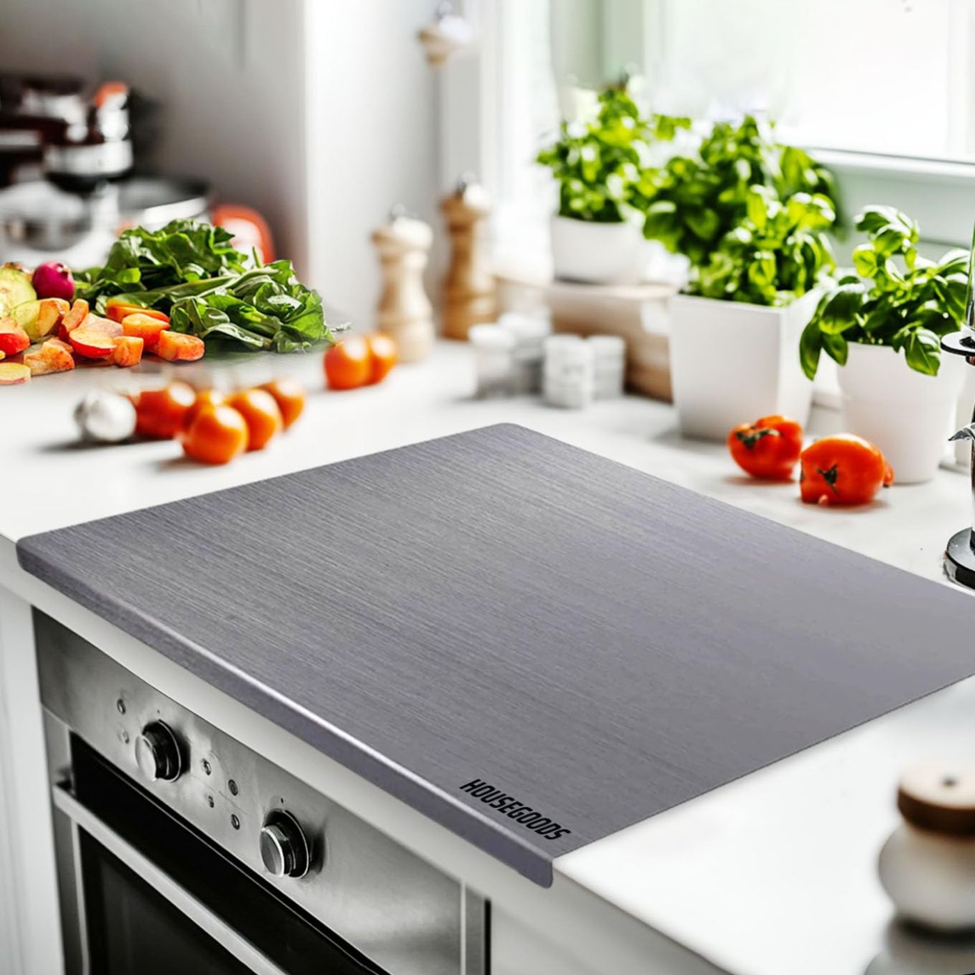 Planche INOX à découper en acier pour plan de travail de cuisine.