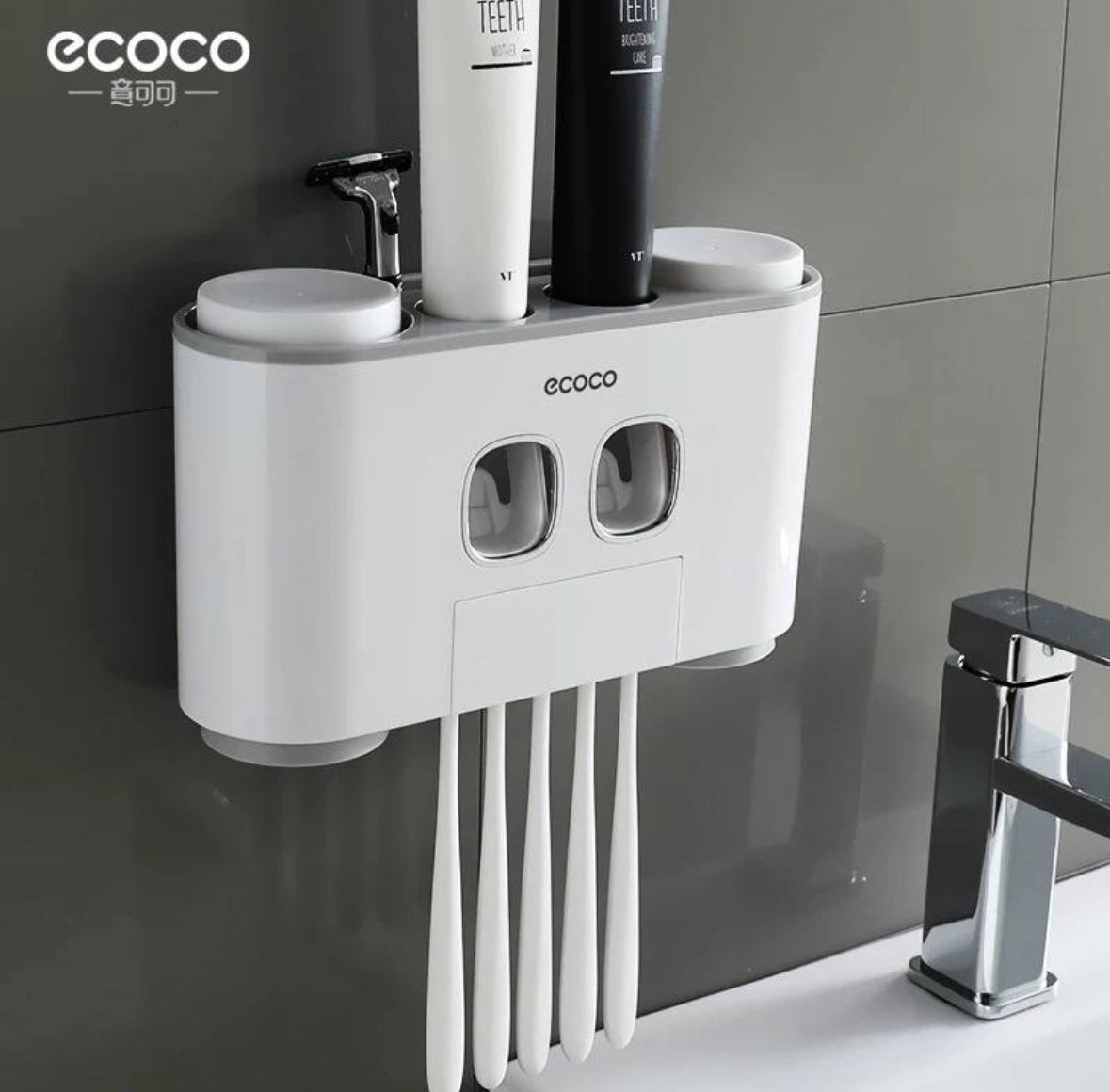 Support mural Ecoco pour brosses à dents avec distributeur de dentifrice