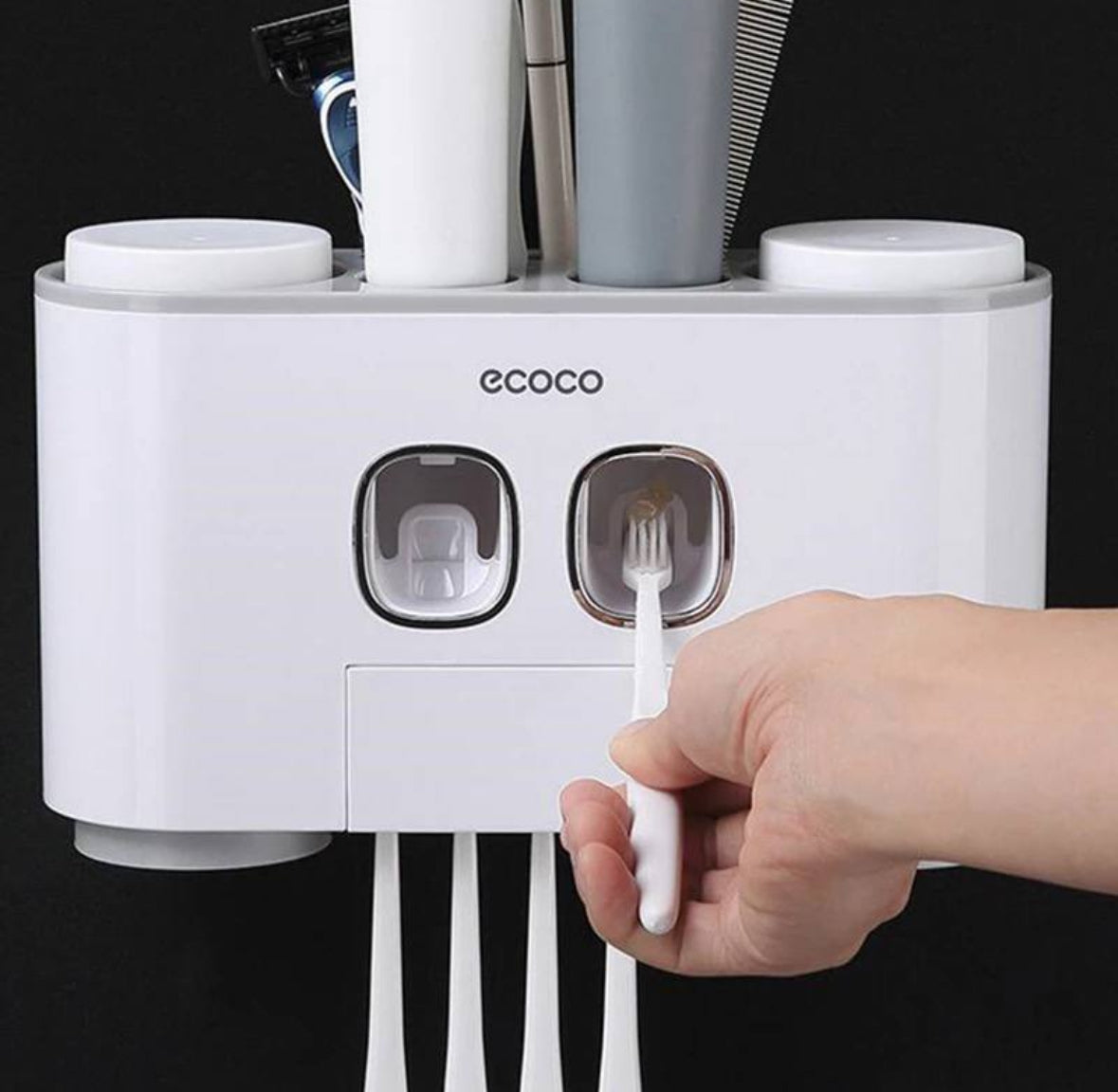 Support mural Ecoco pour brosses à dents avec distributeur de dentifrice